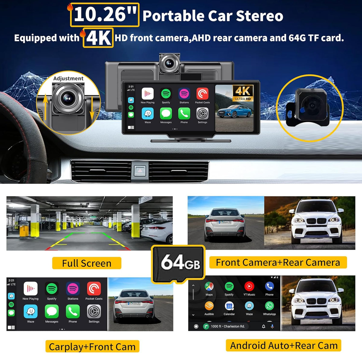 SCUMAXCON 10,26 Pulgadas CarPlay Inalámbrico Android Auto Pantalla Táctil IPS Airplay Cámara de Reversa 4K 1080P Navegación GPS Bluetooth FM Consola Central Reproductor Multimedia Altavoz Integrado