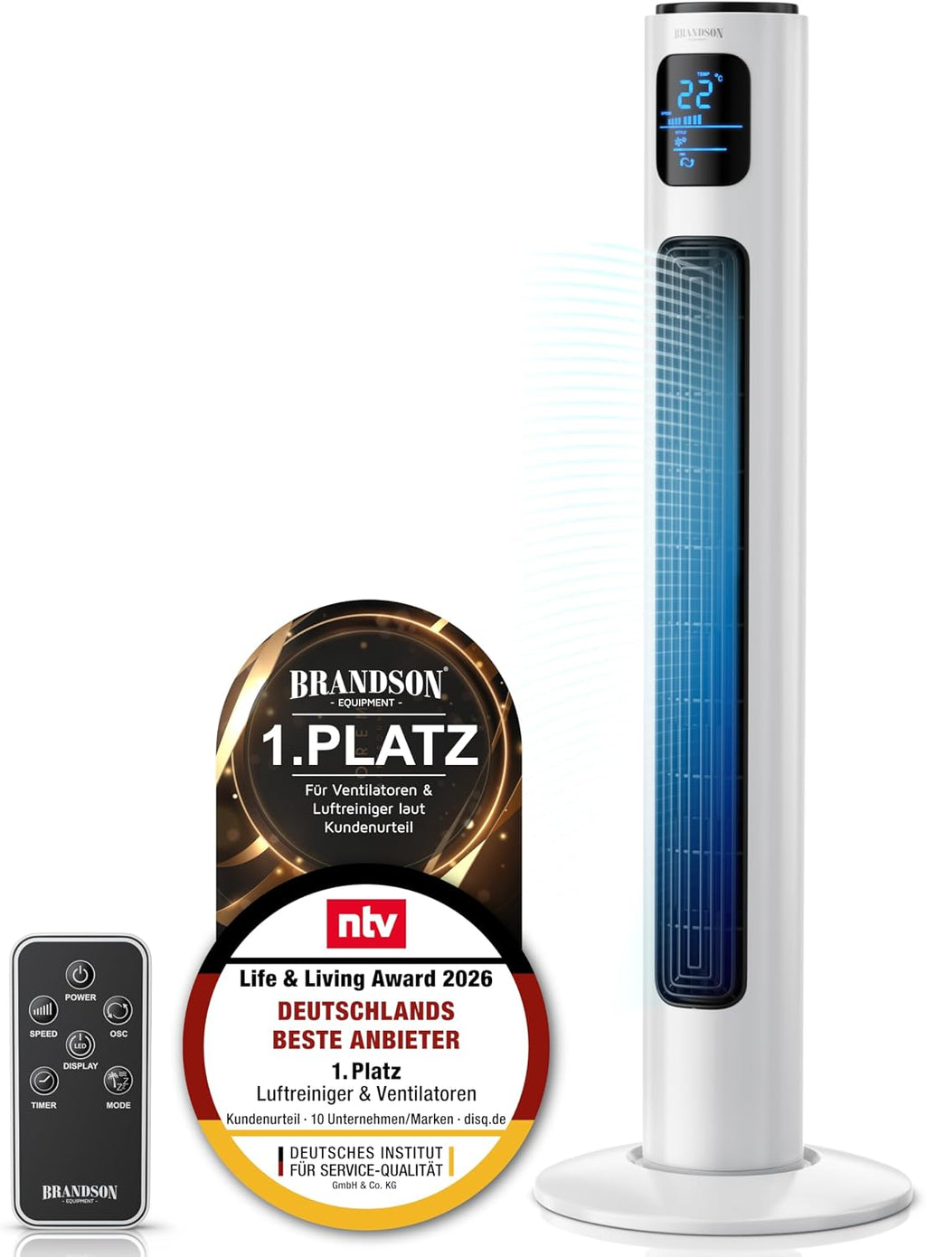 Brandson - Ventilador de torre con mando a distancia 96 cm - Galardonado 2026 - ventilador portátil silencioso - ventilador de pie con oscilación - 3 velocidades 3 modos - temporizador - ventilador - GS - blanco perla