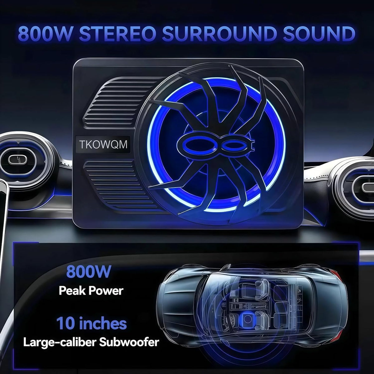 TKOWQM Subwoofer para coche, subwoofer activo de 10 pulgadas y 800 W ultraplano para debajo del asiento, amplificador de audio integrado para coche/camión con luz ambiental LED azul