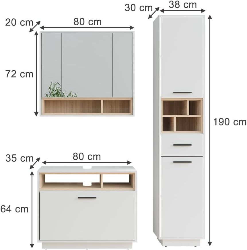 Conjunto de muebles de baño Vicco Beatrice, blanco/sonoma, 80 cm, compuesto por mueble bajo lavabo, armario con espejo y armario columna