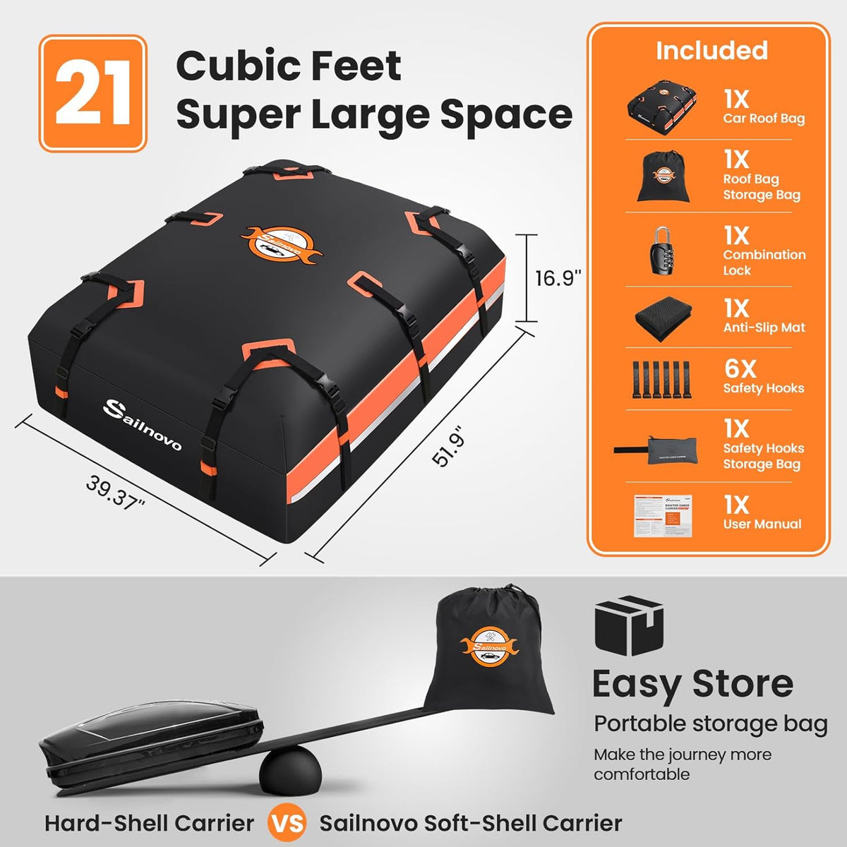 Sailnovo Cofre de techo para vehículo, bolsa de techo impermeable para viajes, resistente a la intemperie con alfombrilla antideslizante, 6 ganchos de puerta y candado de combinación, 590 L, PVC 1000D