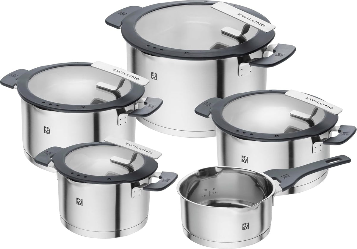 Set de ollas ZWILLING Simplify de 5 piezas, con función de vertido, mangos Stay-Cool, apto para inducción, acero inoxidable, plata