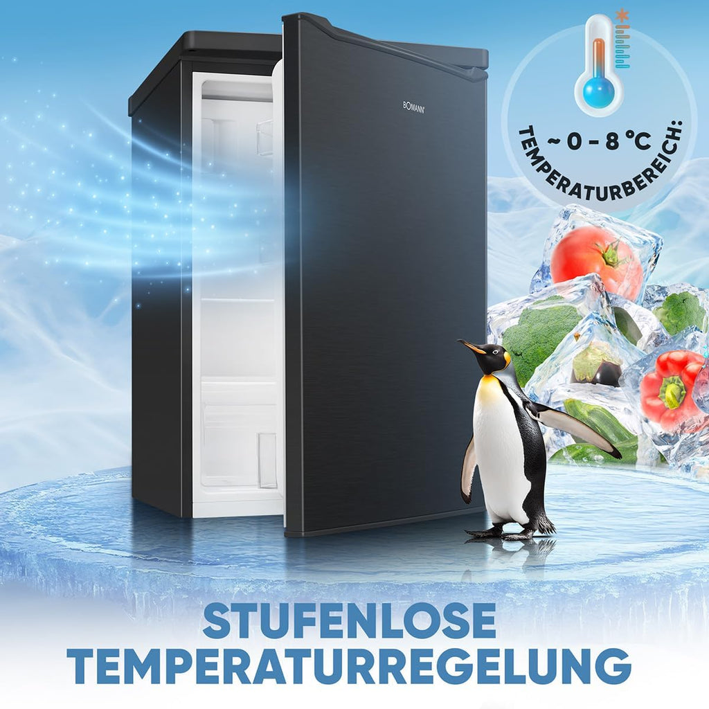 Frigorífico con congelador Bomann® | 109 litros | eficiente energéticamente, silencioso y compacto | 2 estantes, compartimento para frutas y verduras | Congelador de 4 estrellas | Sentido de apertura de puerta reversible | KS 7251 negro