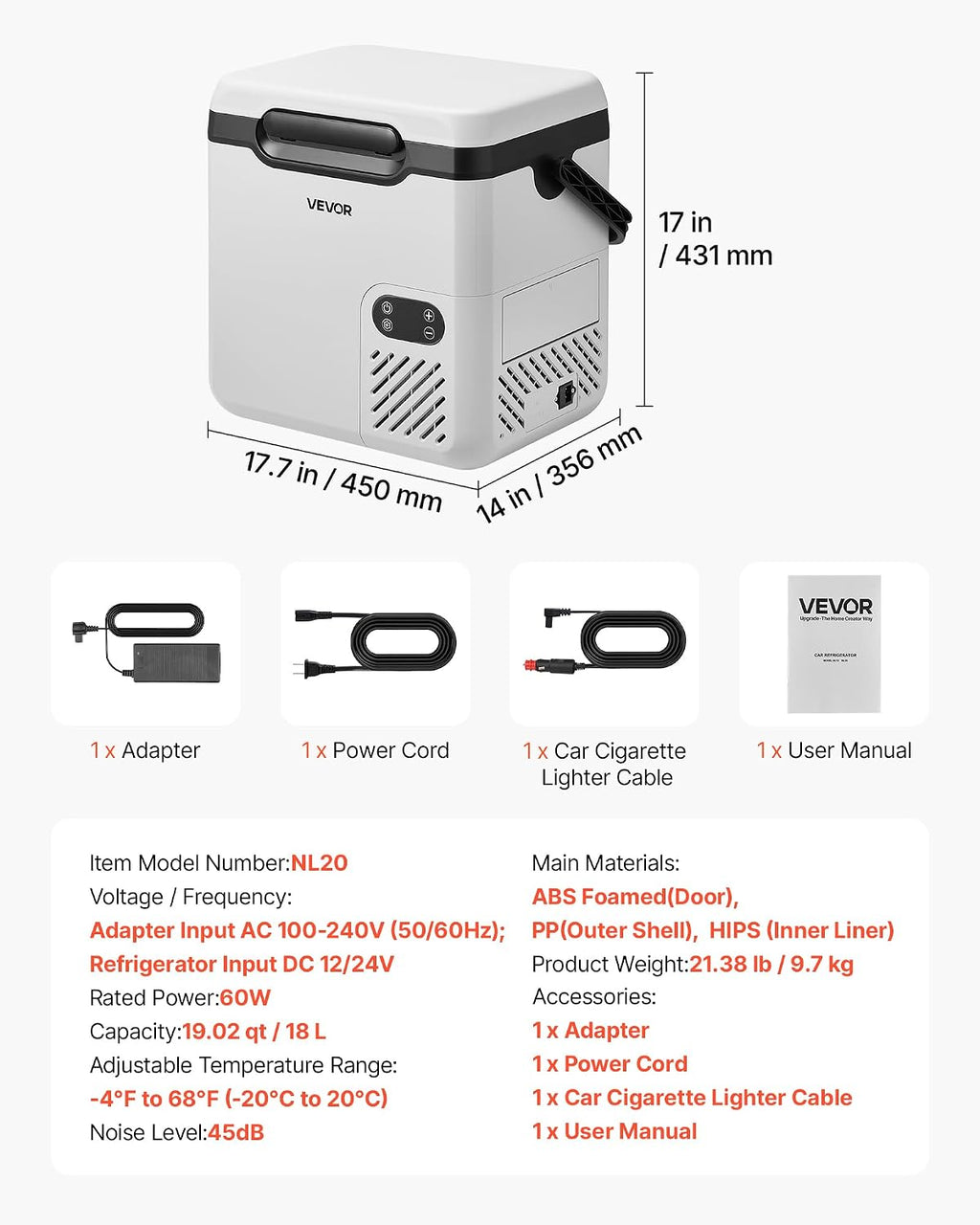 Nevera portátil con compresor VEVOR de 18 L, refrigerador eléctrico para coche con asa, -20 °C a 20 °C, 12/24 V CC y 100-240 V CA, nevera portátil para camping, viajes, camiones, autocaravanas y barcos