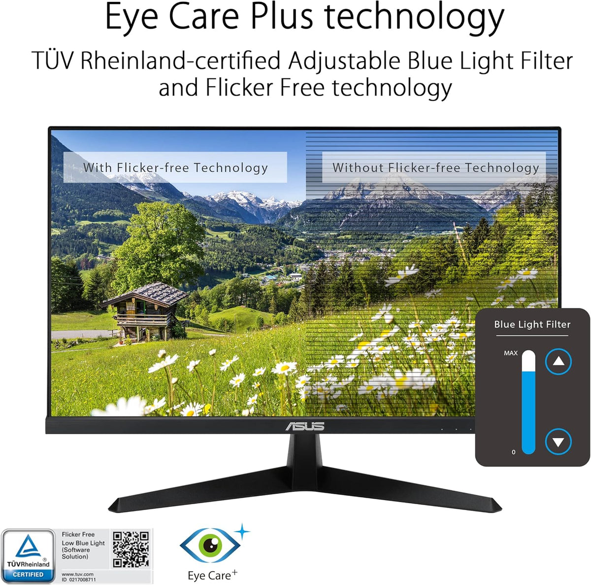 ASUS VY279HGE – Monitor gaming Eye Care 27" Full HD (1920 x 1080), IPS, 144Hz, SmoothMotion, 1ms (MPRT), FreeSync Premium, filtro de luz azul, antiparpadeo, tratamiento antibacteriano