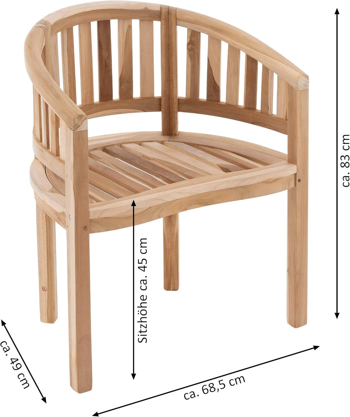 Silla de banano DIVERO Miami curva de madera de teca, sin tratar – Hecha totalmente a mano – Color: marrón natural