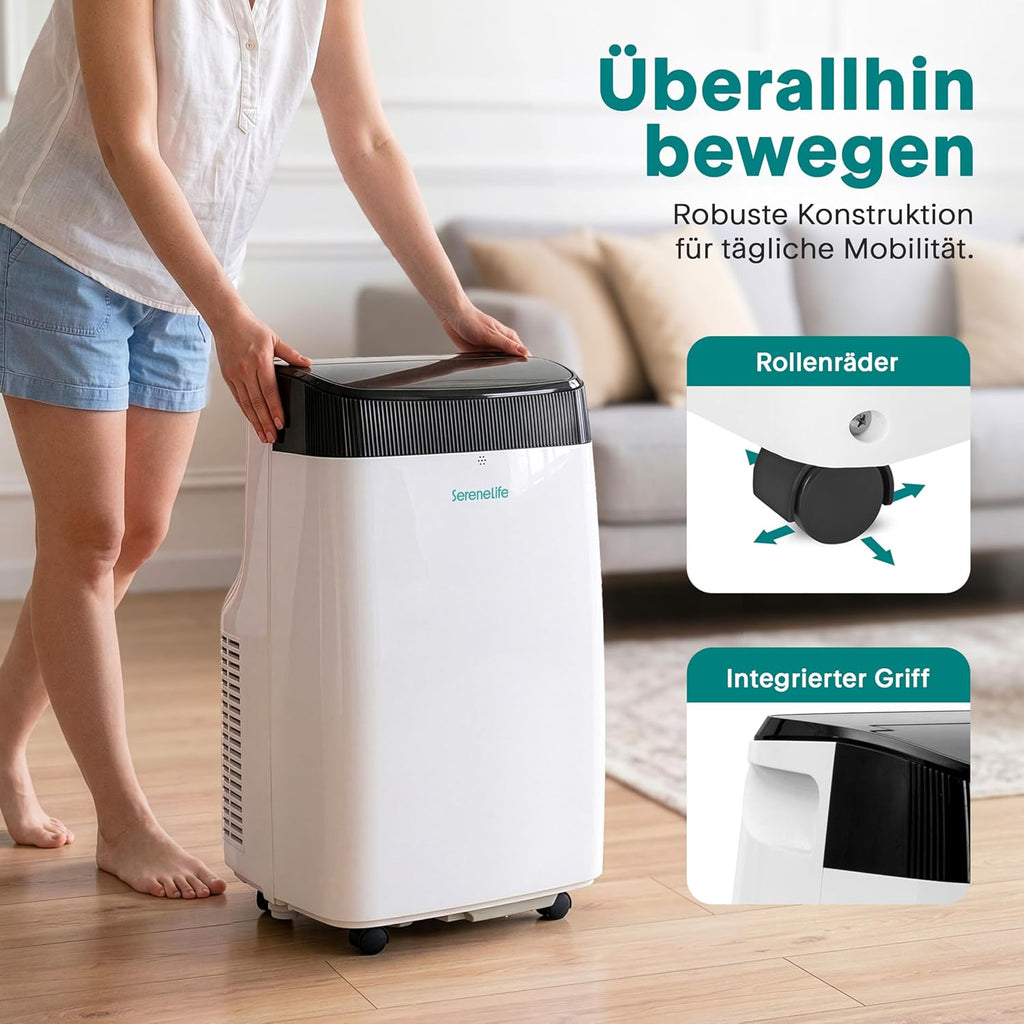 Aire acondicionado portátil SereneLife de 4 kW y 9000 BTU – Unidad de aire acondicionado silenciosa de 52 dB para dormitorios de hasta 20 m², enfriamiento agradable en días calurosos, con deshumidificador, ventilador y control remoto