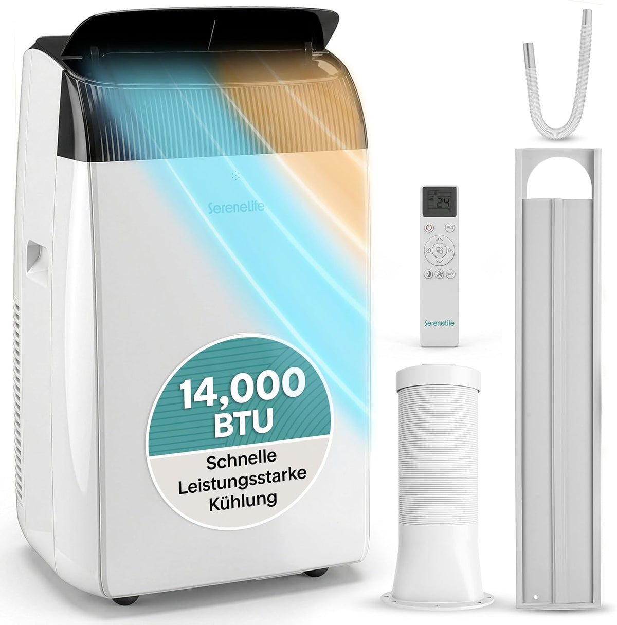 Aire acondicionado portátil SereneLife 4,1 kW 14000 BTU – Aire acondicionado con función de calefacción para habitaciones de hasta 40 m², silencioso 51 dB, unidad de aire acondicionado para dormitorio con deshumidificador, ventilador, control remoto