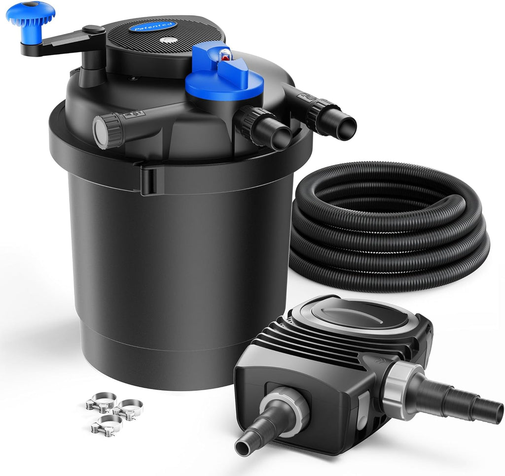 Kit completo SunSun: Filtro de presión para estanque CPF-2500 de hasta 6000 l con clarificador UVC de 11 W, bomba de estanque NEO-2800 SuperECO de 3000 l/h y 10 W, 5 m de manguera para estanque de 32 mm (1 1/4"), abrazaderas W1 44-47 mm