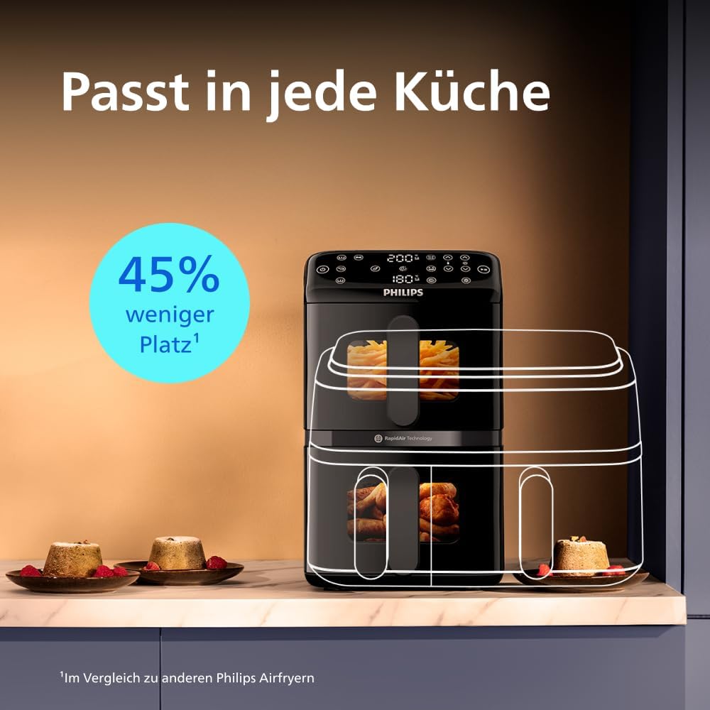 Airfryer Serie 4000 de doble cesta apilada, 10L, tecnología RapidAir, 45% menos espacio, revestimiento cerámico libre de PFAS, ventana de visualización (NA460/00)