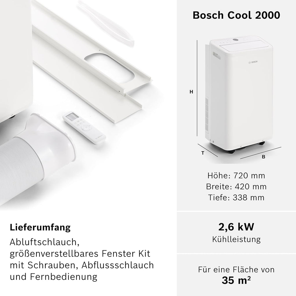 Acondicionador de aire móvil Bosch Cool 4000 - 3 en 1: aire acondicionado, deshumidificador, ventilador - 2,6 kW para habitaciones de hasta 35 m² - Con modo automático, modo silencioso y modo de suspensión
