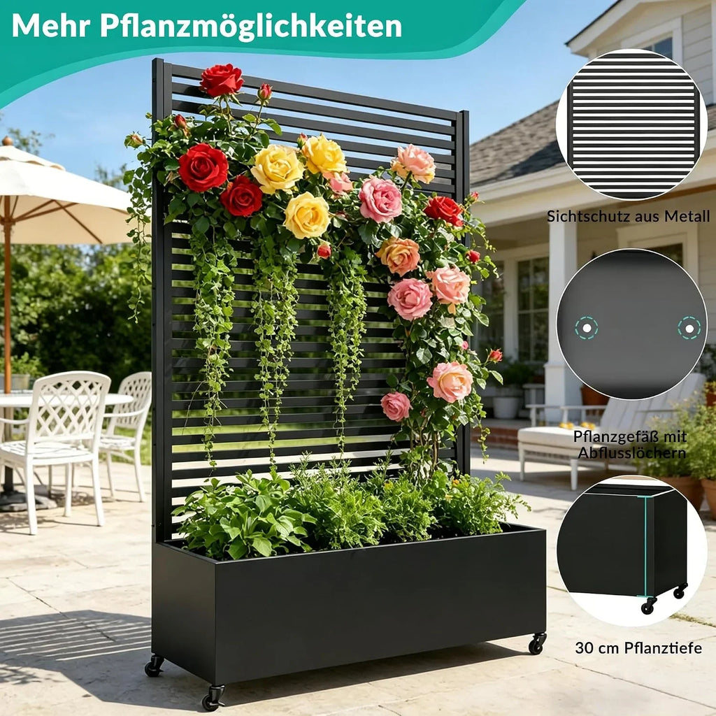 Jardinera con enrejado, macetero elevado de metal con ruedas, biombo de privacidad, 120x40x185 cm, rectangular, para jardín, balcón y terraza