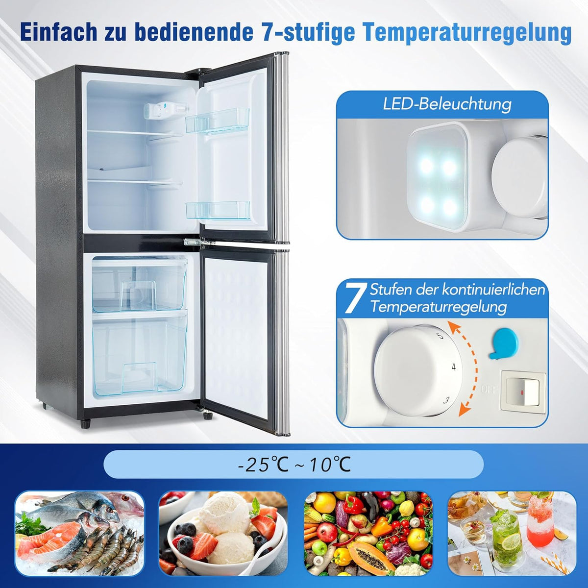 Frigorífico con congelador Merax de 106 l, combinación de frigorífico y congelador con nevera de 60 l, congelador de 46 l, 7 ajustes de temperatura, iluminación LED, estantes ajustables, funcionamiento silencioso de 45 dB, gris plateado