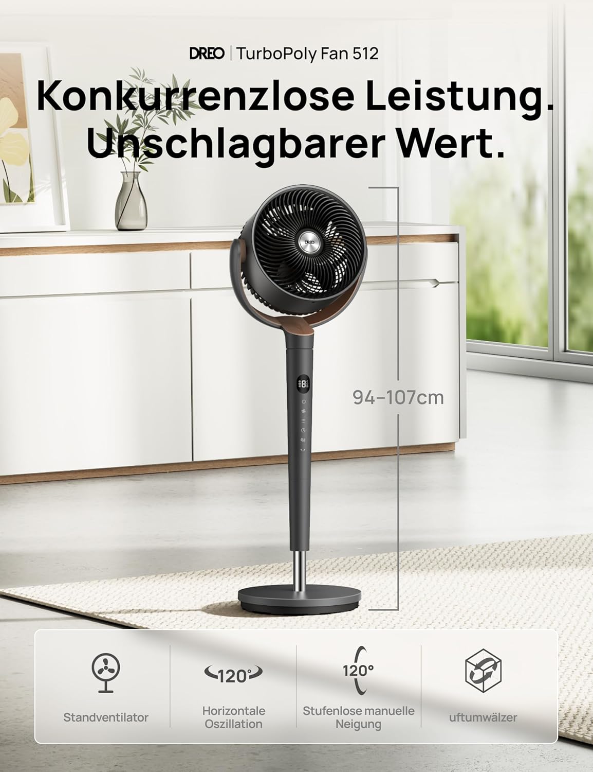 Ventilador de pie DREO muy silencioso, ventilador grande con mando a distancia, ventilador silencioso de 20 dB con motor CC, oscilación de 120°, 4 modos, altura ajustable de 94-107 cm, ventilador de suelo, TurboPoly Fan 512, gris