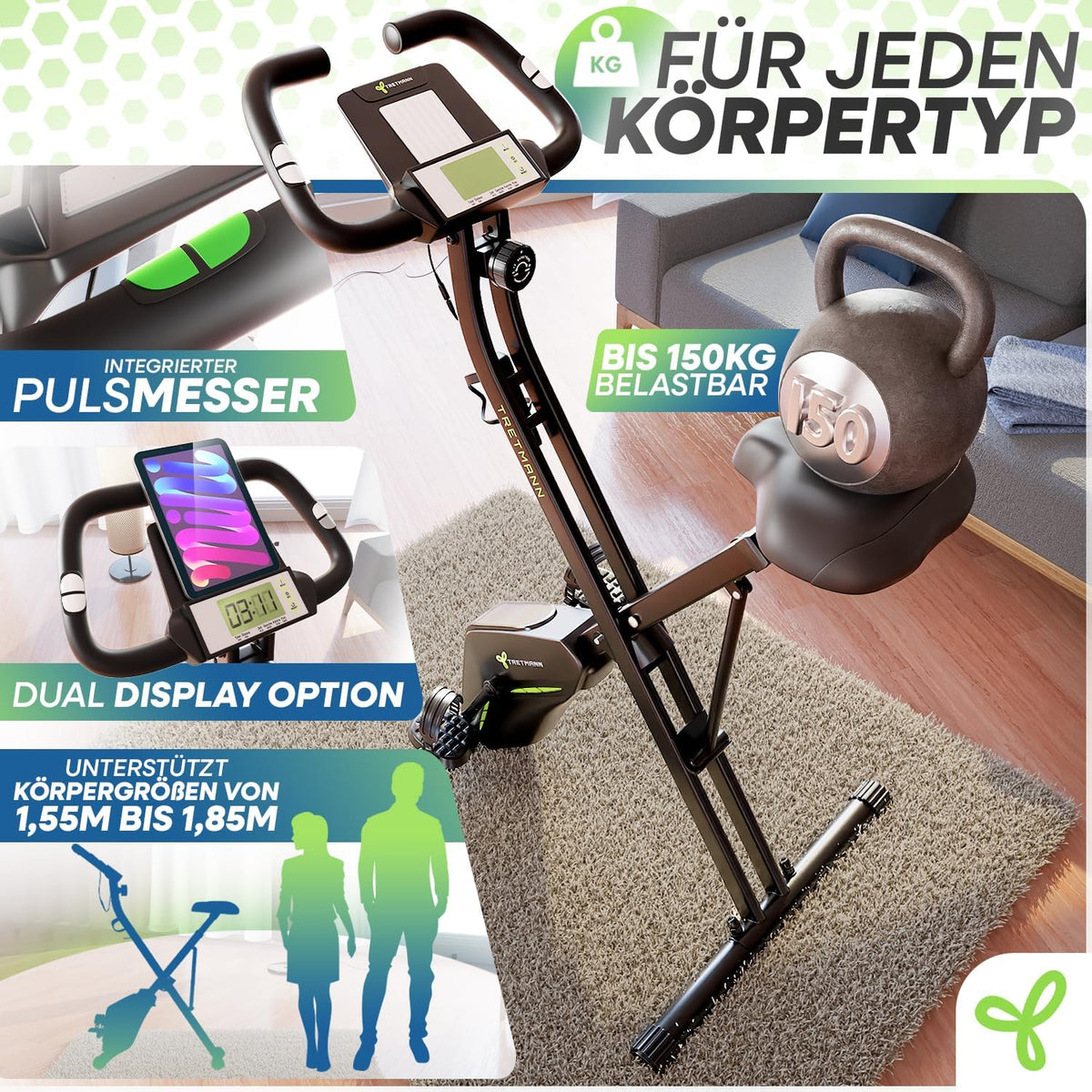 Bicicleta estática plegable, ergómetro magnético con 16 niveles de resistencia y asiento RelaxFoam, capacidad de carga hasta 150 kg
