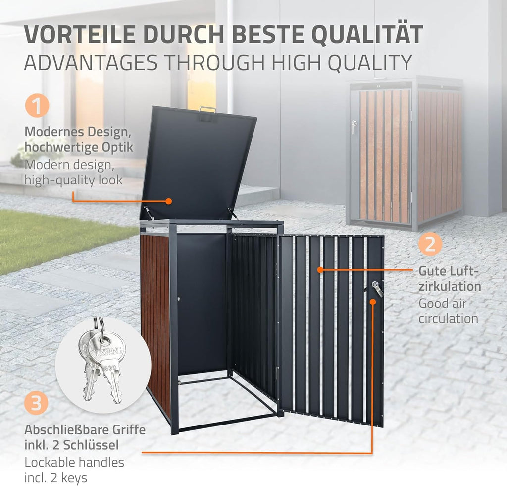 Cubre contenedores ML-Design de 3 unidades para 240L, cerramiento para 3 cubos de basura, caseta resistente a la intemperie, estructura de acero, contenedor con tapa, puerta con cerradura, 200x80x116,3 cm, color antracita efecto óxido