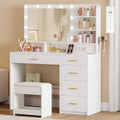 Tocador Hzuaneri con 10 luces LED, taburete, mesa de maquillaje con espejo grande, tocador con enchufe, soporte para secador de pelo y varios cajones, blanco DT42903XEU