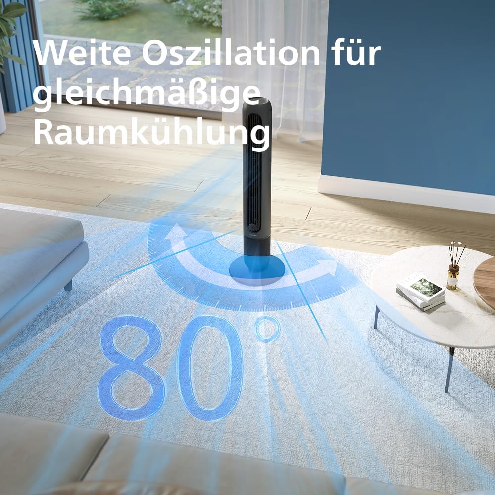 Ventilador de torre Philips serie 5000. Potente flujo de aire de 8,0 m/s, ultra silencioso de 24 dB, bajo consumo energético, mando a distancia, 5 niveles de velocidad, modo sueño, temporizador de 9 h, oscilación de 80° (CX5540/01)