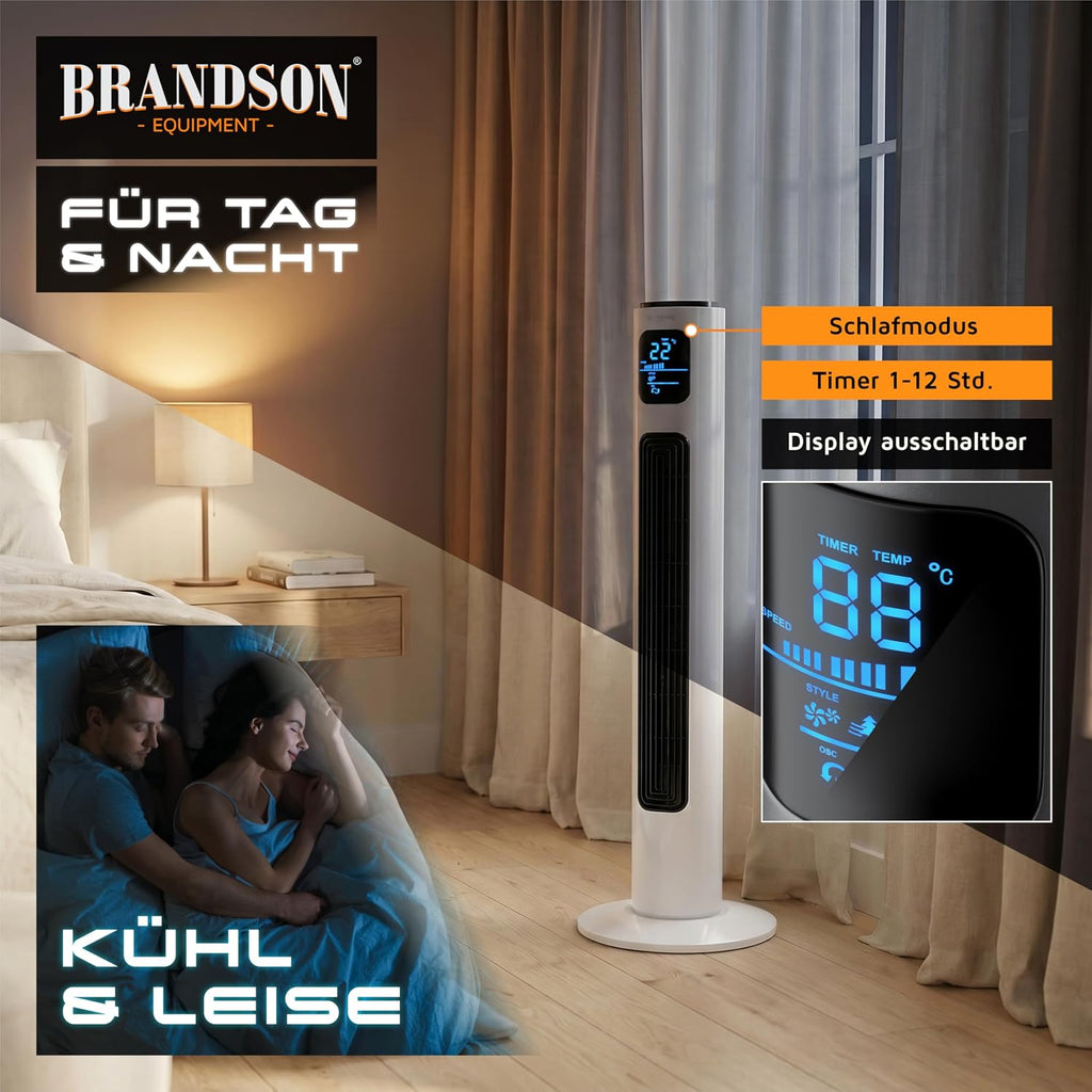 Brandson - Ventilador de torre con mando a distancia 96 cm - Galardonado 2026 - ventilador portátil silencioso - ventilador de pie con oscilación - 3 velocidades 3 modos - temporizador - ventilador - GS - blanco perla