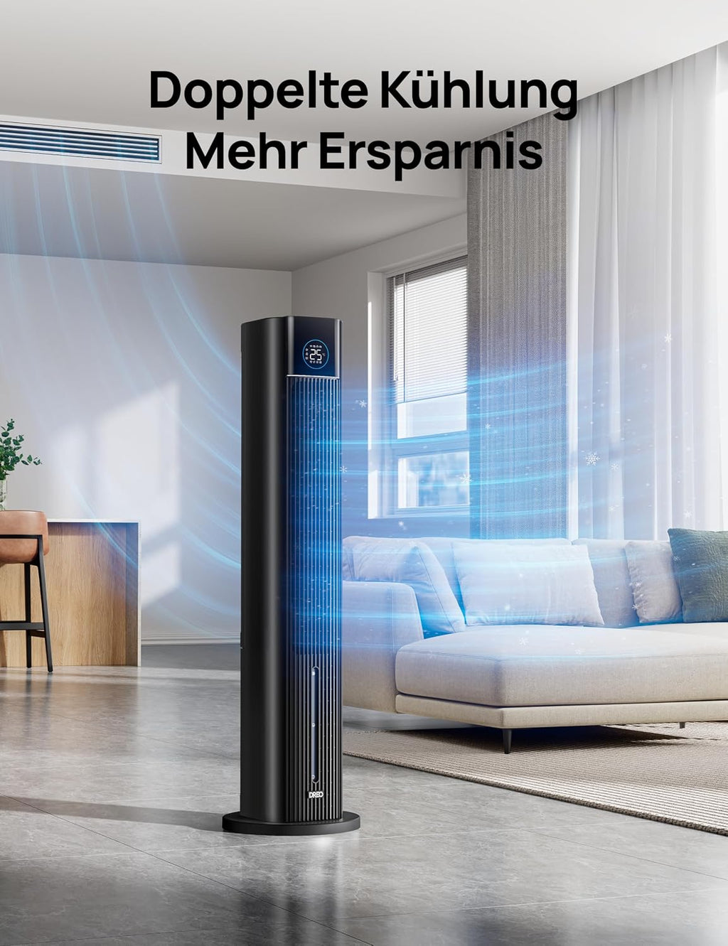 Ventilador de torre DREO con refrigeración por agua, enfriador de aire de 110 cm con refrigeración por agua silenciosa, 4 velocidades y 4 modos, enfriador evaporativo, control por APP, bolsas de hielo, oscilación de 80°, temporizador de 12 h, negro