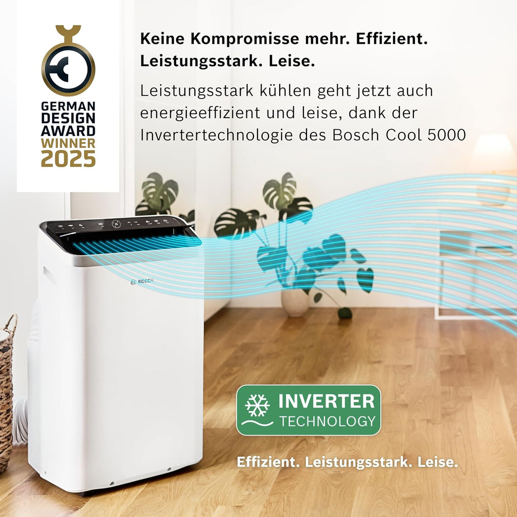 Acondicionador de aire móvil Bosch Cool 4000 - 3 en 1: aire acondicionado, deshumidificador, ventilador - 2,6 kW para habitaciones de hasta 35 m² - Con modo automático, modo silencioso y modo de suspensión