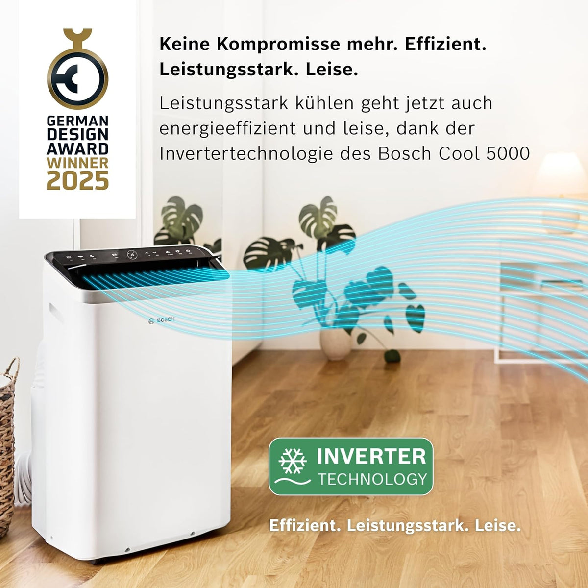 Acondicionador de aire móvil Bosch Cool 4000 - 3 en 1: aire acondicionado, deshumidificador, ventilador - 2,6 kW para habitaciones de hasta 35 m² - Con modo automático, modo silencioso y modo de suspensión