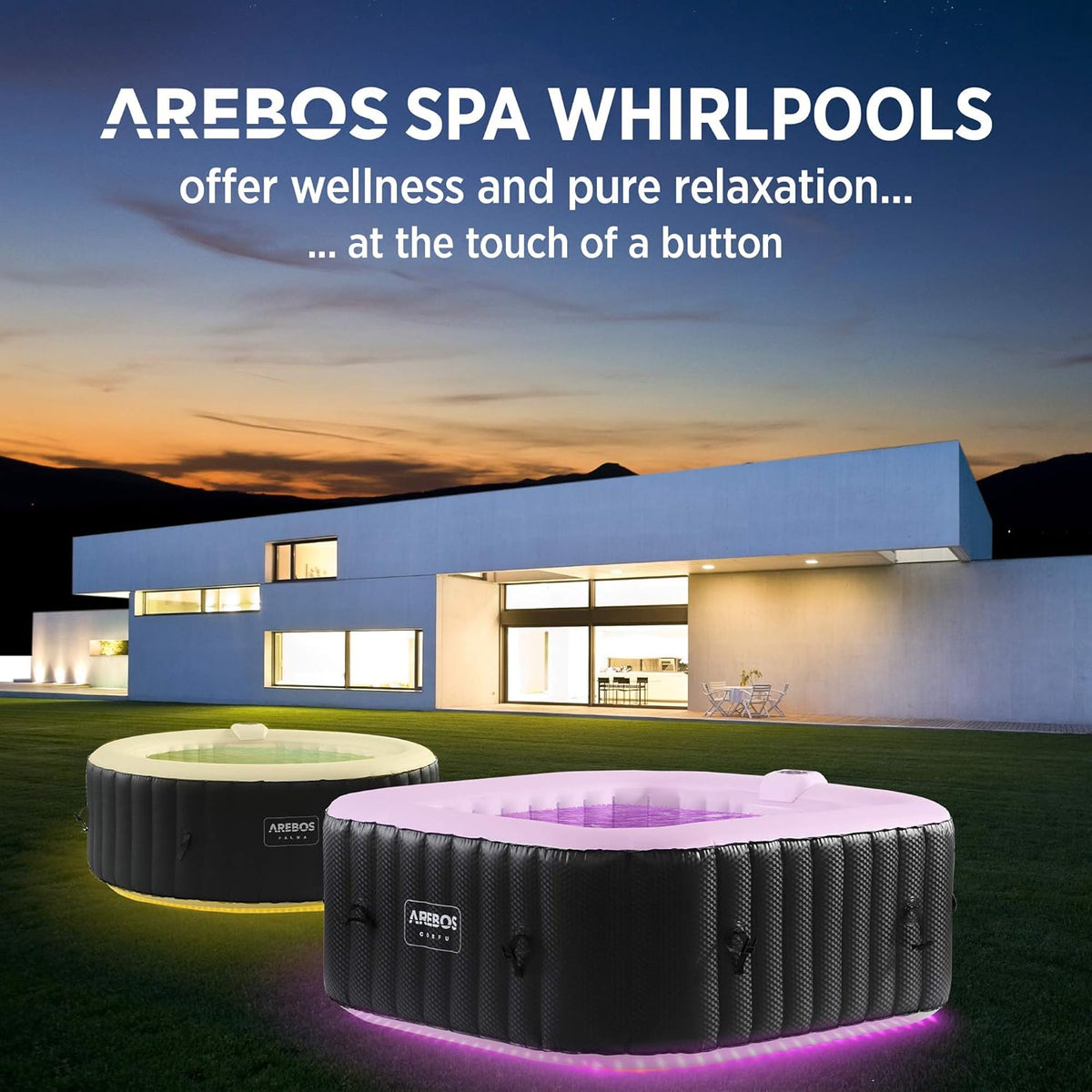 Jacuzzi Arebos | 154 x 154 cm | con iluminación LED | inflable | cuadrado | interior y exterior | 4 personas | 100 chorros de masaje | con calefacción | 600 L | incluye cubierta | Bubble Spa y masaje de bienestar