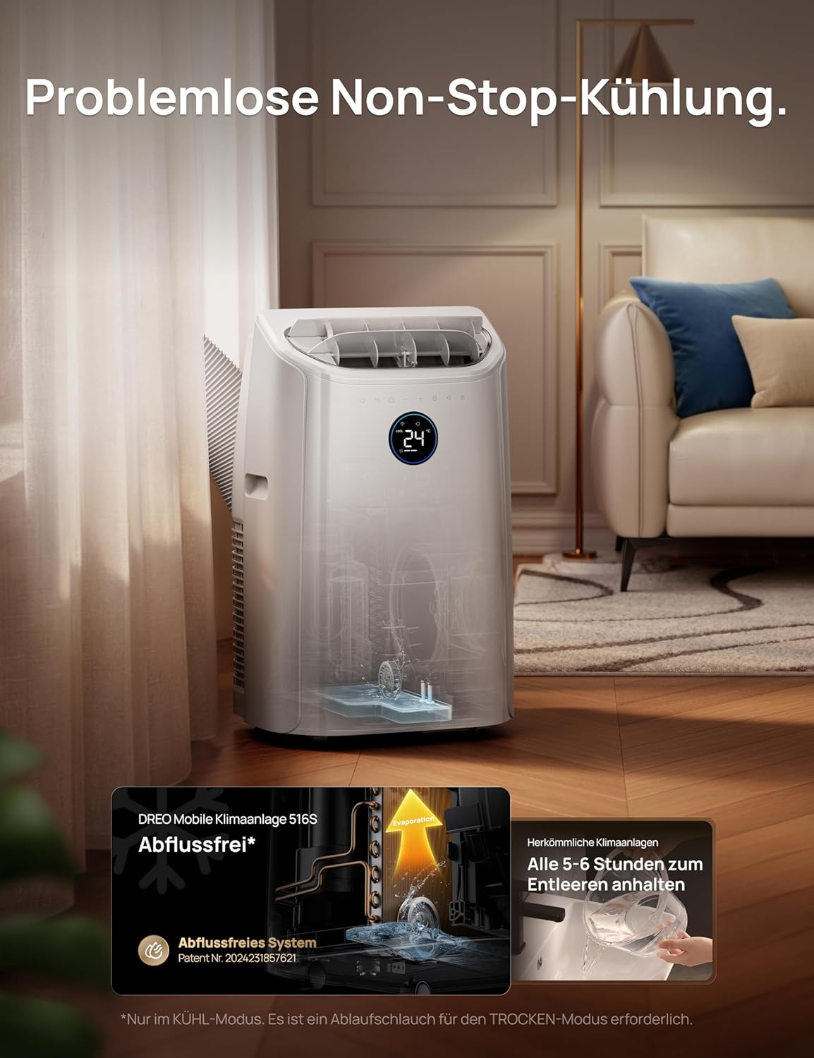 Aire acondicionado portátil DREO de 12 000 BTU (3 en 1: refrigeración/ventilación/deshumidificación), silencioso para dormitorio/oficina, control por app/comando de voz/mando a distancia, sin drenaje, kit de ventana, 3,2 L/h, AC516S