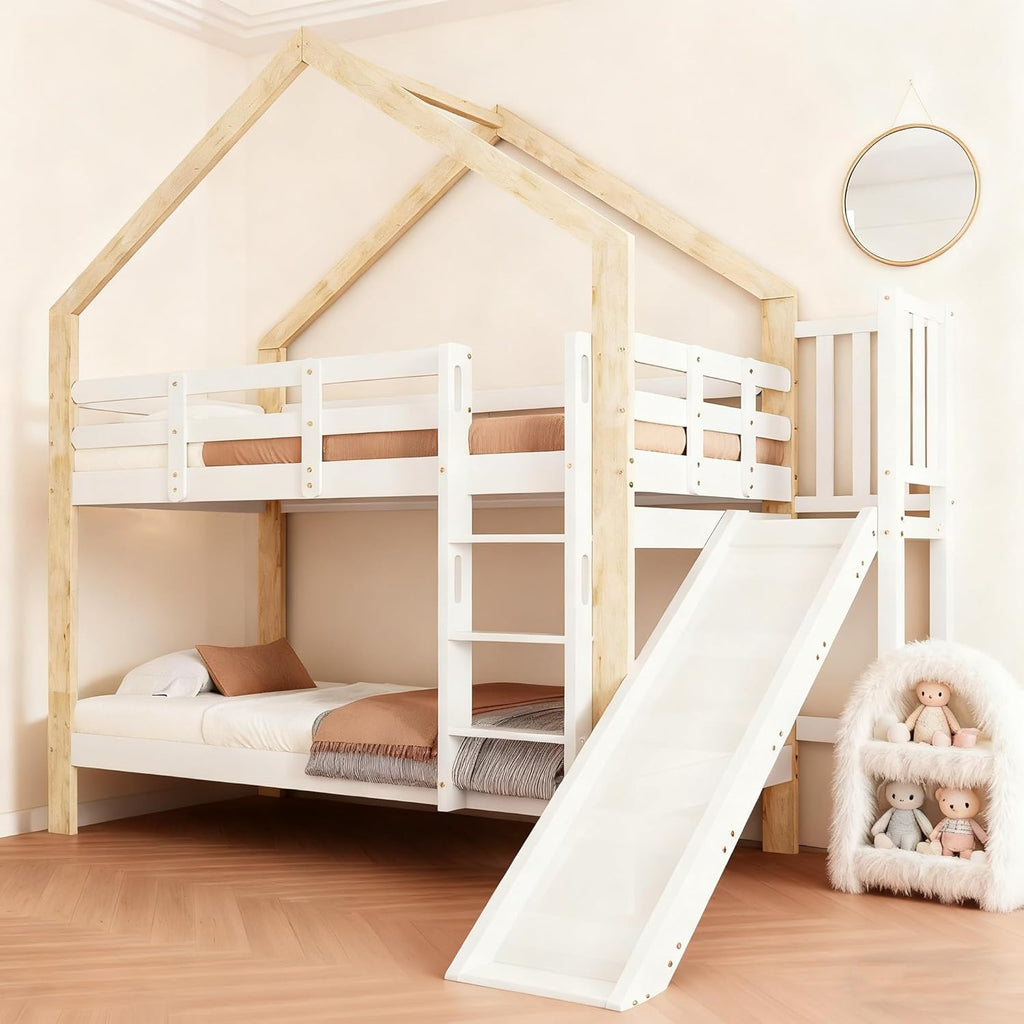 Litera Ball & Cast (90x200cm) con barandilla alta, estructura de madera con tobogán + escalera, estable y silenciosa, blanco + natural