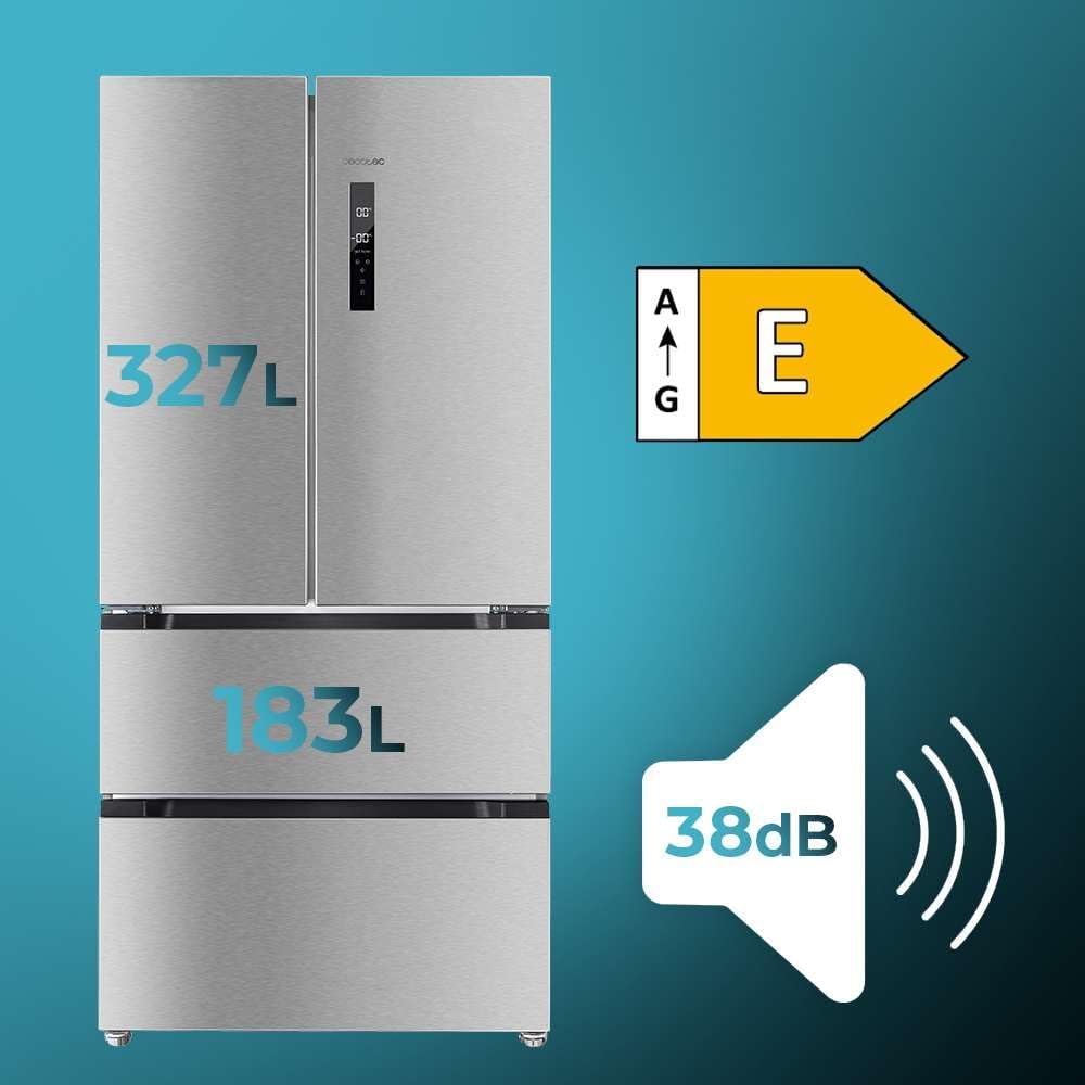Frigorífico French Door Cecotec de acero inoxidable 510 L Bolero CoolMarket FD 510 Inox E. 183 cm de alto, 84 cm de ancho, motor Inverter Plus, refrigeración rápida y congelación rápida, MultiAirFlow, Total NoFrost