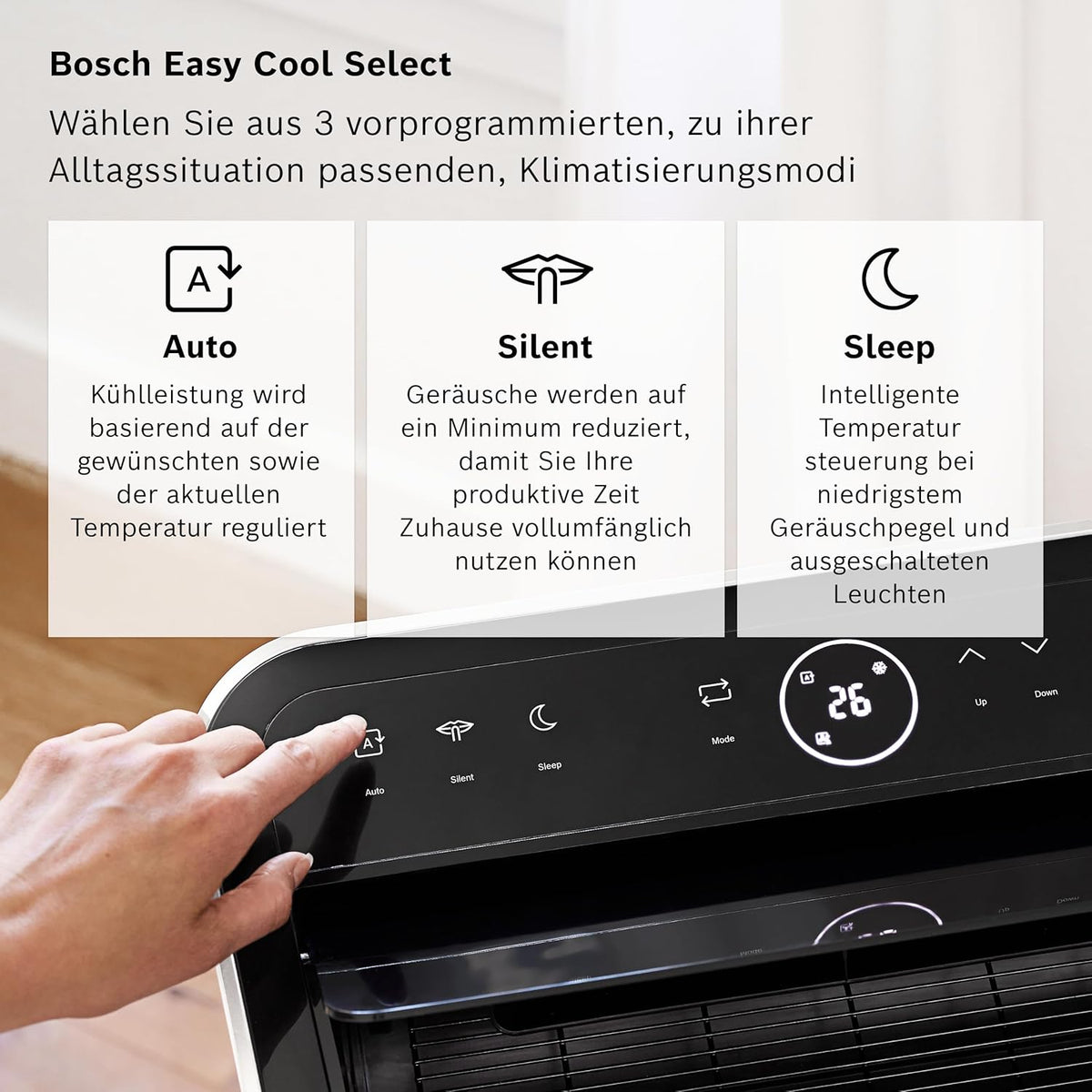 Acondicionador de aire móvil Bosch Cool 4000 - 3 en 1: aire acondicionado, deshumidificador, ventilador - 2,6 kW para habitaciones de hasta 35 m² - Con modo automático, modo silencioso y modo de suspensión
