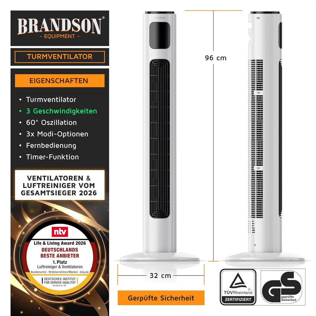 Brandson - Ventilador de torre con mando a distancia 96 cm - Galardonado 2026 - ventilador portátil silencioso - ventilador de pie con oscilación - 3 velocidades 3 modos - temporizador - ventilador - GS - blanco perla