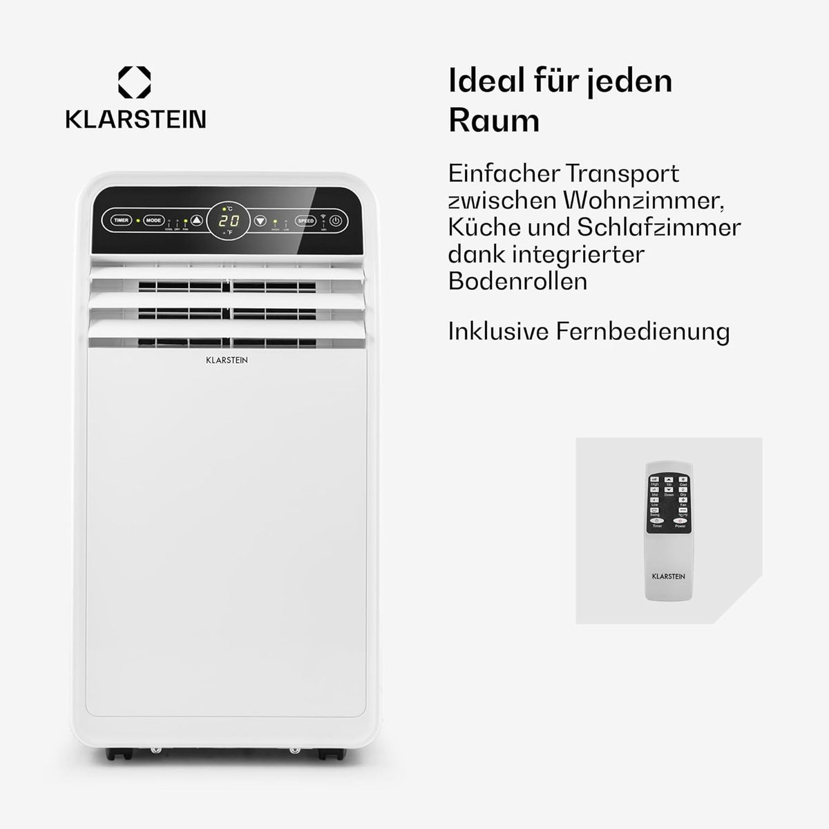 Aire acondicionado portátil Klarstein con manguera de escape, unidad 4 en 1 con ventilador, deshumidificador y modo nocturno, aire acondicionado pequeño y portátil para el hogar y la oficina, bajo consumo, 9000 BTU