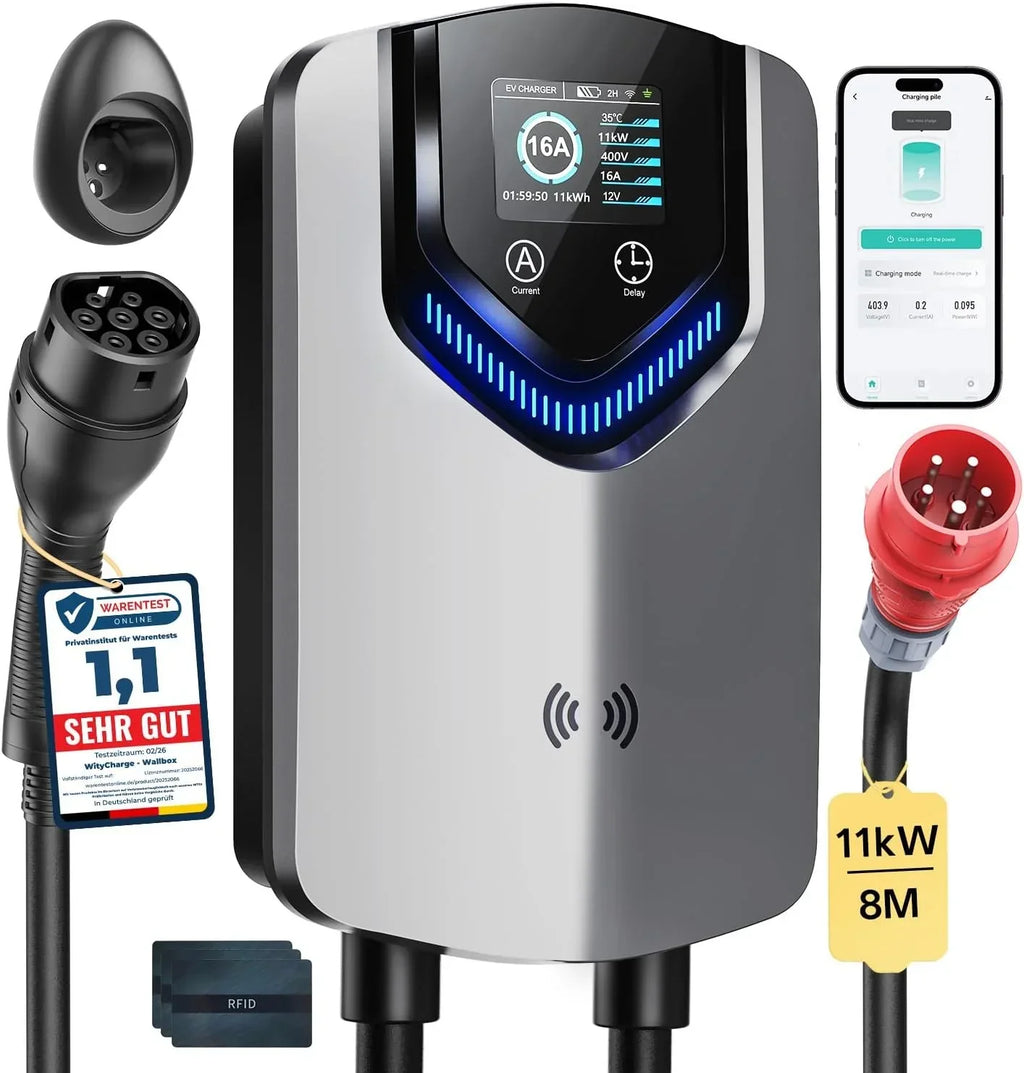 Cargador Wallbox para carga mediante APP, RFID, 11 kW, 400 V, 6-16 A, tipo 2, estación de carga para VE, cable de 8 m con soporte para cable