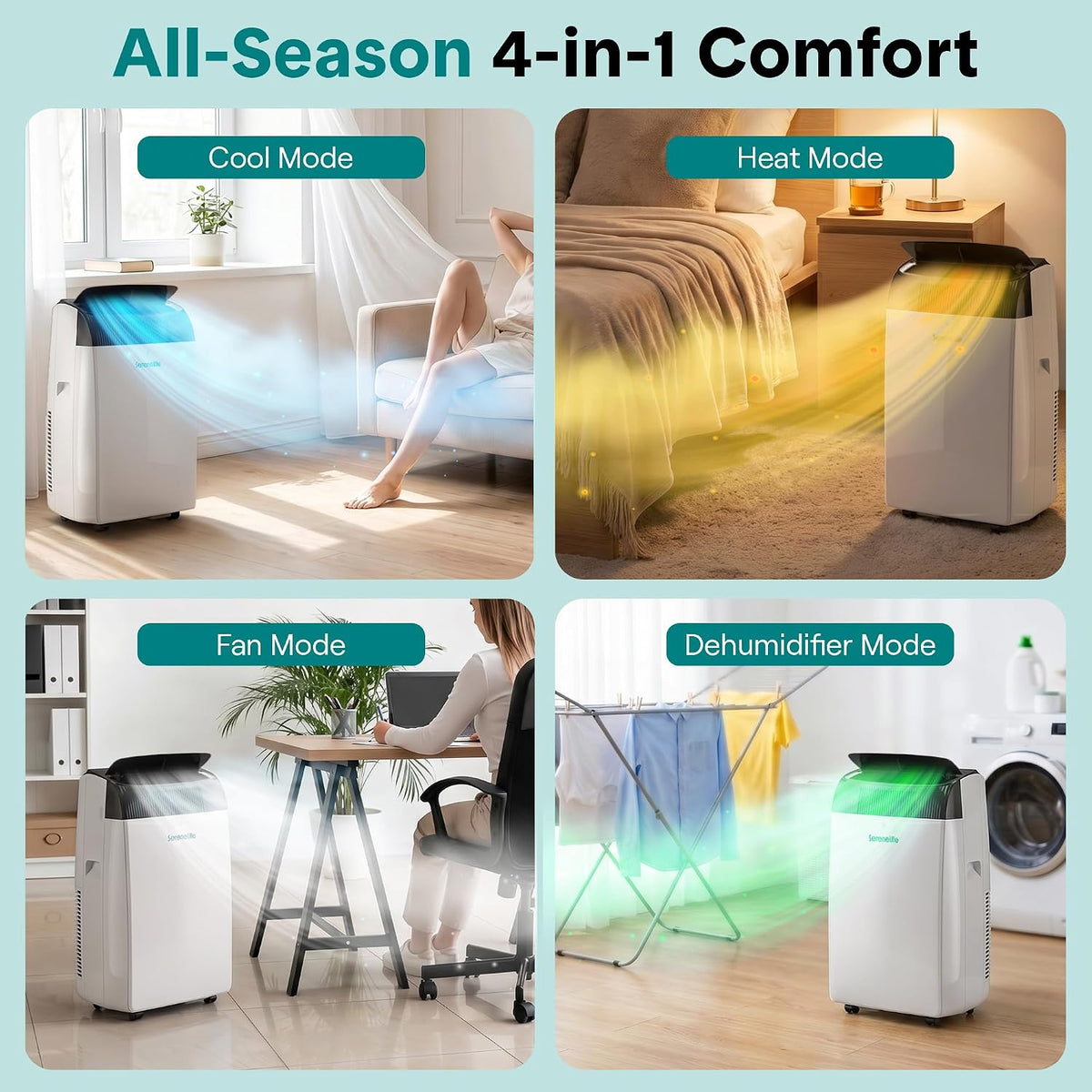 Aire acondicionado portátil SereneLife de 12,000 BTU con deshumidificador, calefacción y ventilador | Unidad de aire acondicionado portátil con Wi-Fi para control climático en áreas amplias | Aire acondicionado compacto de pie con kit para ventana