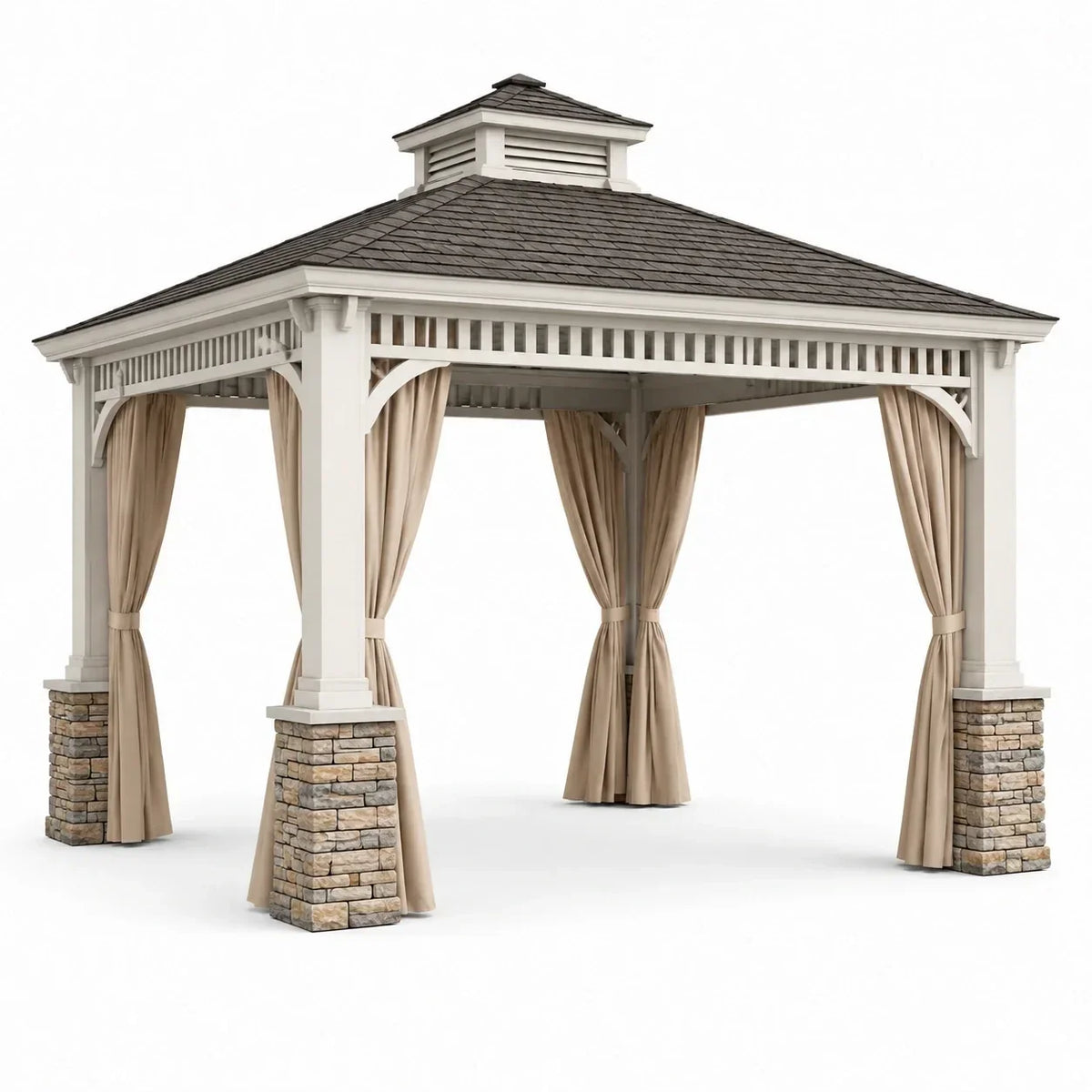 Cenador de jardín de madera, aluminio y poliéster con tejas asfálticas 3x3m Beige/Marrón