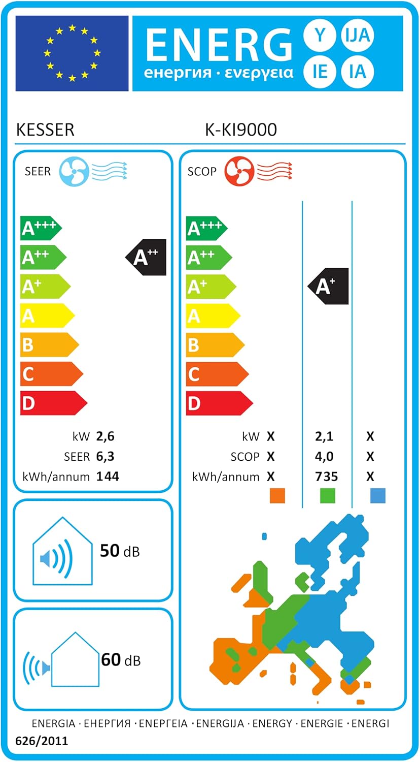 KESSER® Set de aire acondicionado Split - con función WiFi/App - Refrigeración A++/ Calefacción A+ - 9000 BTU/h (2600 vatios) Refrigerante R32 - Mando a distancia, función de temporizador - Incluye material de montaje completo