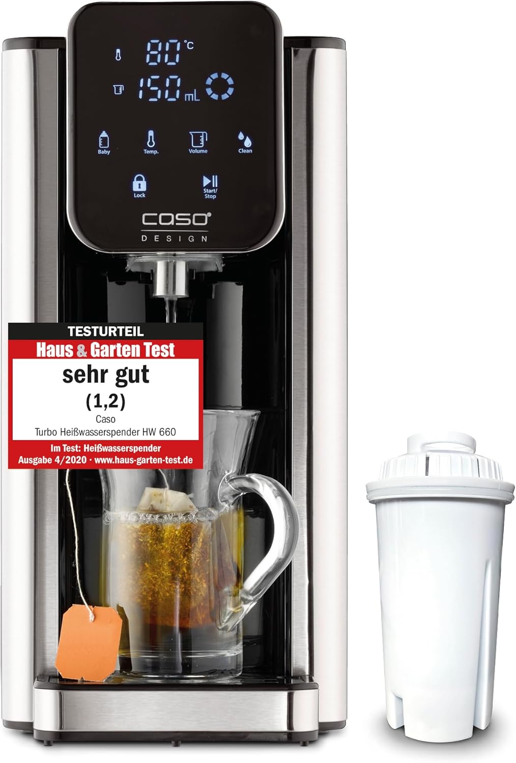 Dispensador de agua caliente CASO HW 660: agua caliente en pocos segundos, ahorra hasta un 50% de energía en comparación con los hervidores de agua, 8 niveles de cantidad, apto para comida de bebé, recordatorio de descalcificación integrado