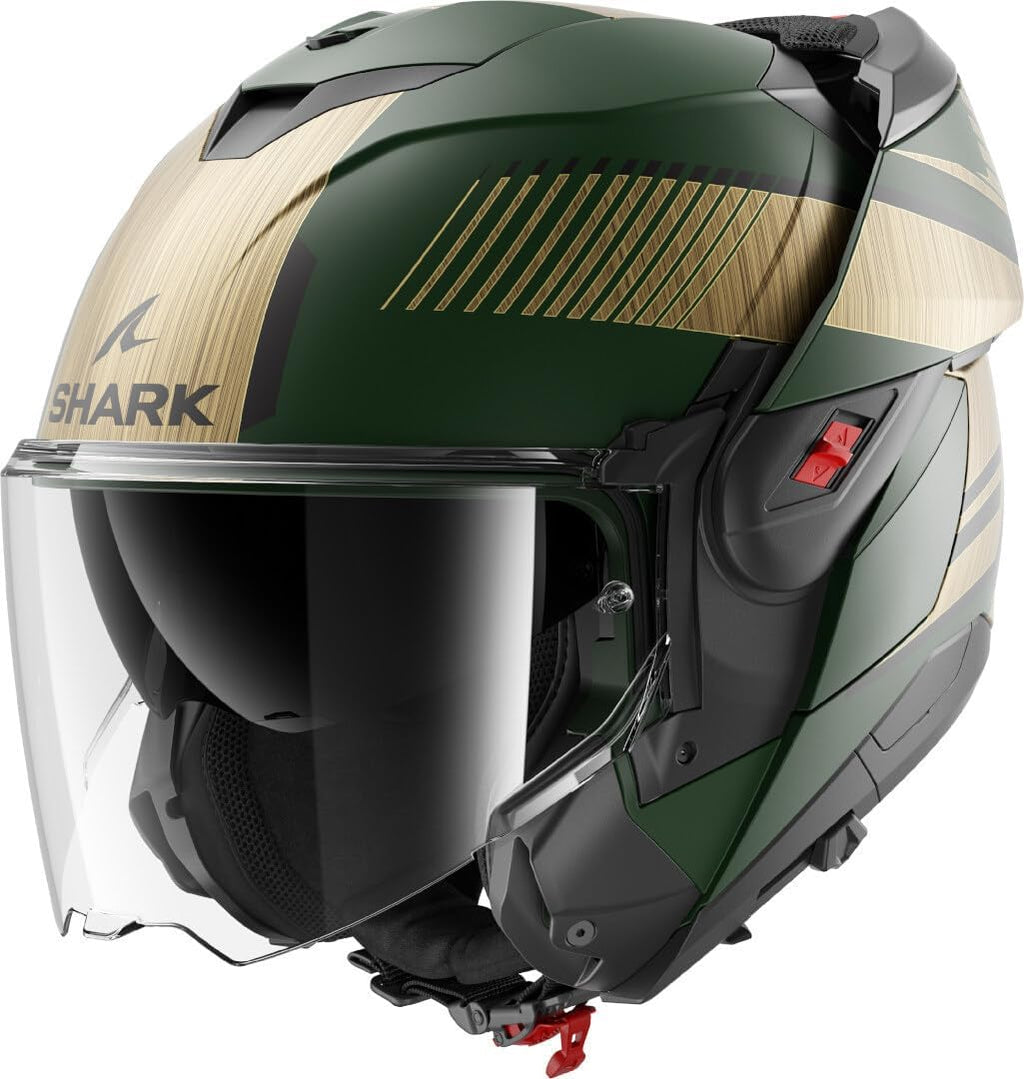 SHARK, Casco de moto modular OXO SIKTER Green Chrome Gold GUQ, M