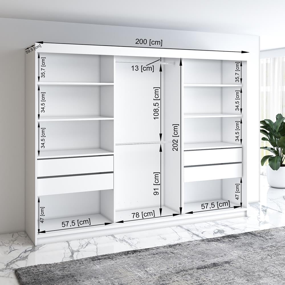 A&J MöbelLand Armario de puertas correderas VILUNO 1, ropero de 3 puertas de 200 cm con espejo, 4 cajones y 2 barras para ropa, armario espacioso para dormitorio (blanco/negro)