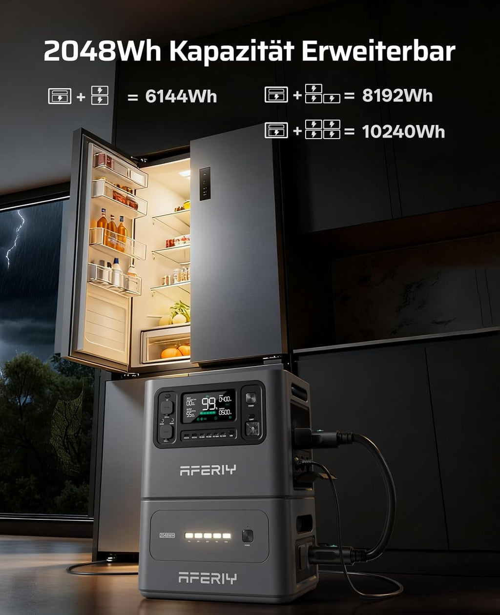 AFERIY 2800W Estación de energía portátil, 2048Wh LiFePO4 Carga rápida en 1,5h, 13 salidas, Onda sinusoidal pura 230V, SAI, Ampliable a 4096Wh, Generador solar para camping/oficina en casa 2025 Nuevo