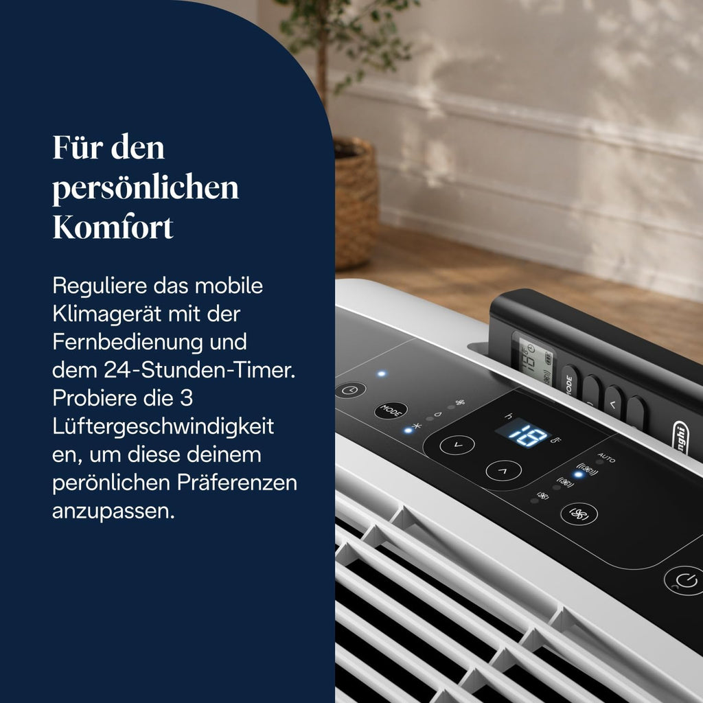 De'Longhi Pinguino - Aire acondicionado portátil 3 en 1, para habitaciones de hasta 27 m², con deshumidificador y ventilador, 9400 BTU, funcionamiento silencioso, mando a distancia, temporizador de 24 h, clase de eficiencia energética A (PACEM82)