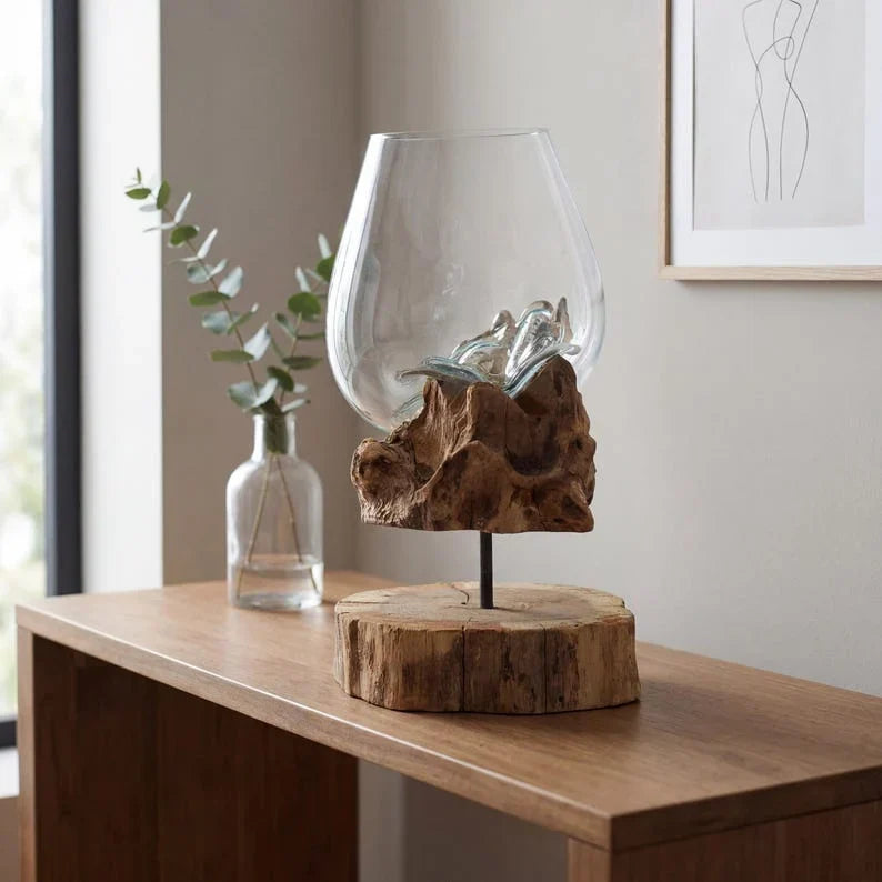 Jarrón de vidrio soplado a mano sobre soporte de madera, centro de mesa de madera flotante, decoración del hogar estilo boho