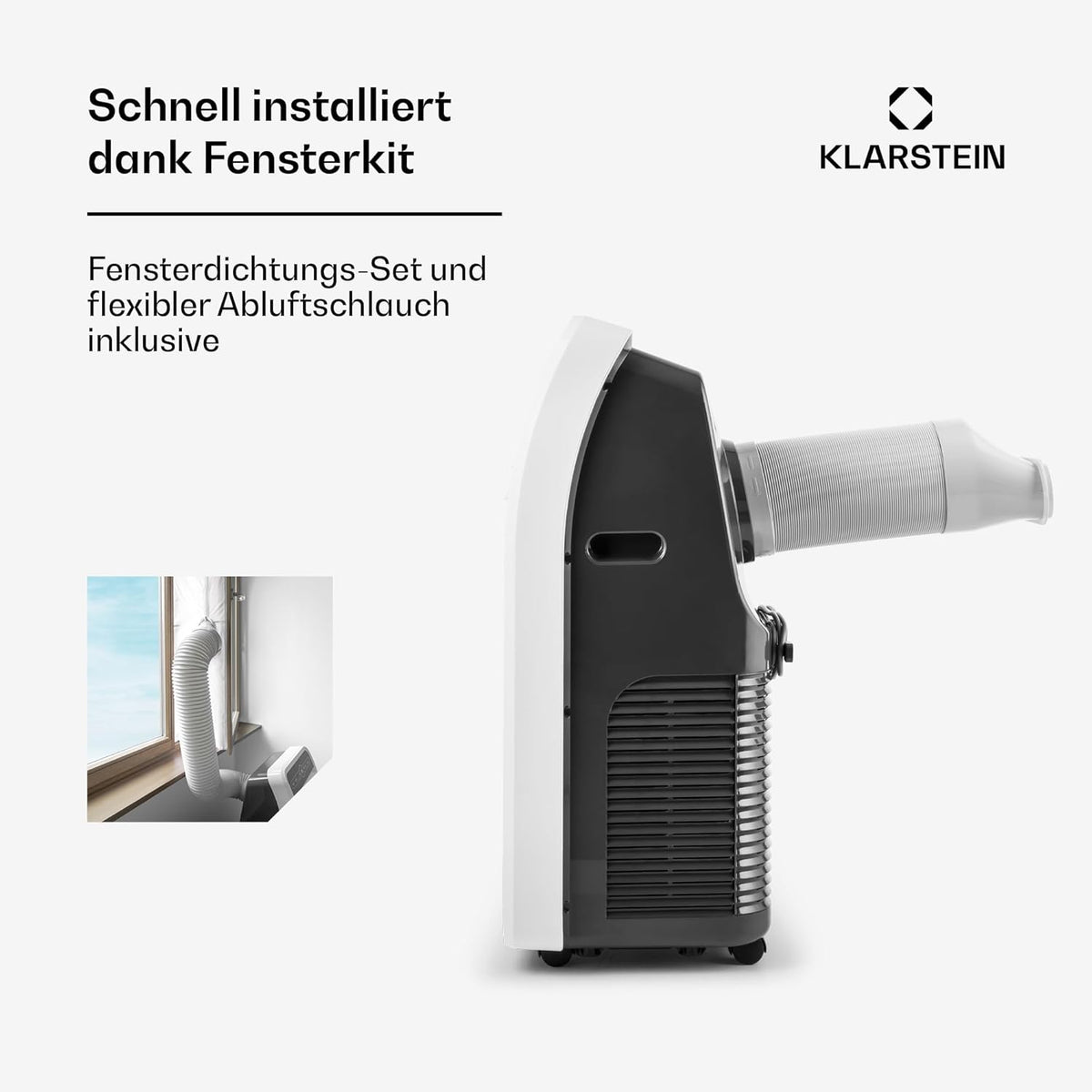 Aire acondicionado portátil Klarstein con manguera de escape, unidad 4 en 1 con ventilador, deshumidificador y modo nocturno, aire acondicionado pequeño y portátil para el hogar y la oficina, bajo consumo, 9000 BTU