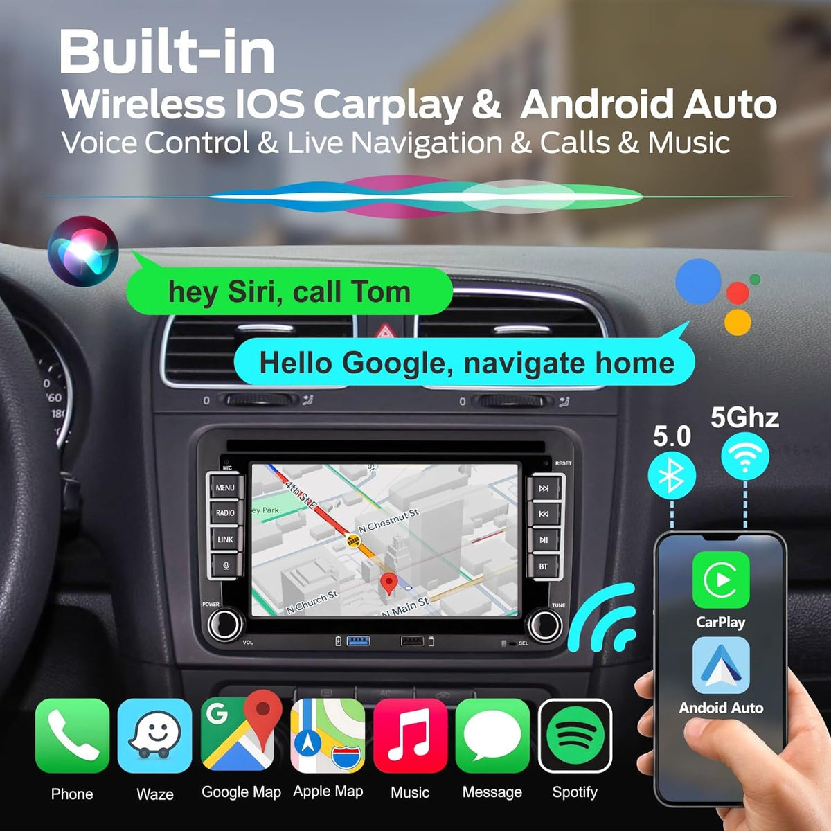 [Inicio rápido] Autorradio Linux para VW Golf 5 6/Polo, Radio VW con CarPlay y Android Auto inalámbricos integrados, Pantalla de 7" para VW compatible con controles del volante originales, AM/FM/RDS, Bluetooth, DSP, 45Wx4