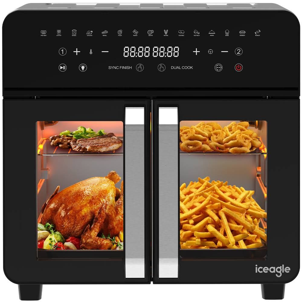 Iceagle Freidora de Aire 23L Doble Zona XXL Freidora sin Aceite, 15 Programas, 2200W, Recetas