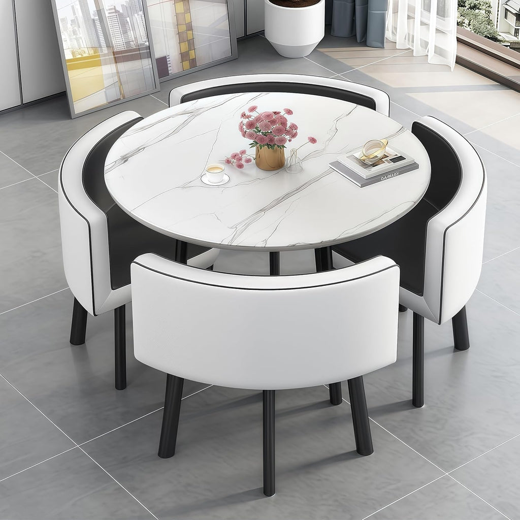Juego de mesa de comedor y 4 sillas, mesa de comedor redonda de 90 cm y 4 sillas de comedor de piel sintética, ahorro de espacio para cocina, salón, balcón, restaurante, oficina, madera + gris claro, redondo blanco y negro