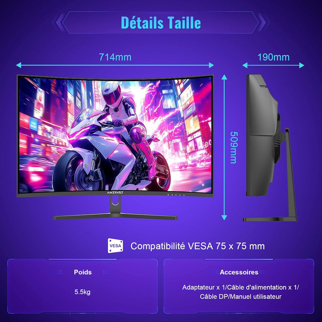Monitor Gaming Curvo Amzfast de 32 pulgadas, QHD 2560x1440, 180Hz, 1 ms MPRT, 1500R, Adaptive Sync, luz azul reducida, sRGB 120%, HDR, HDMI 2.0/DP 1.2, VESA 75x75, AMZG32C3Q