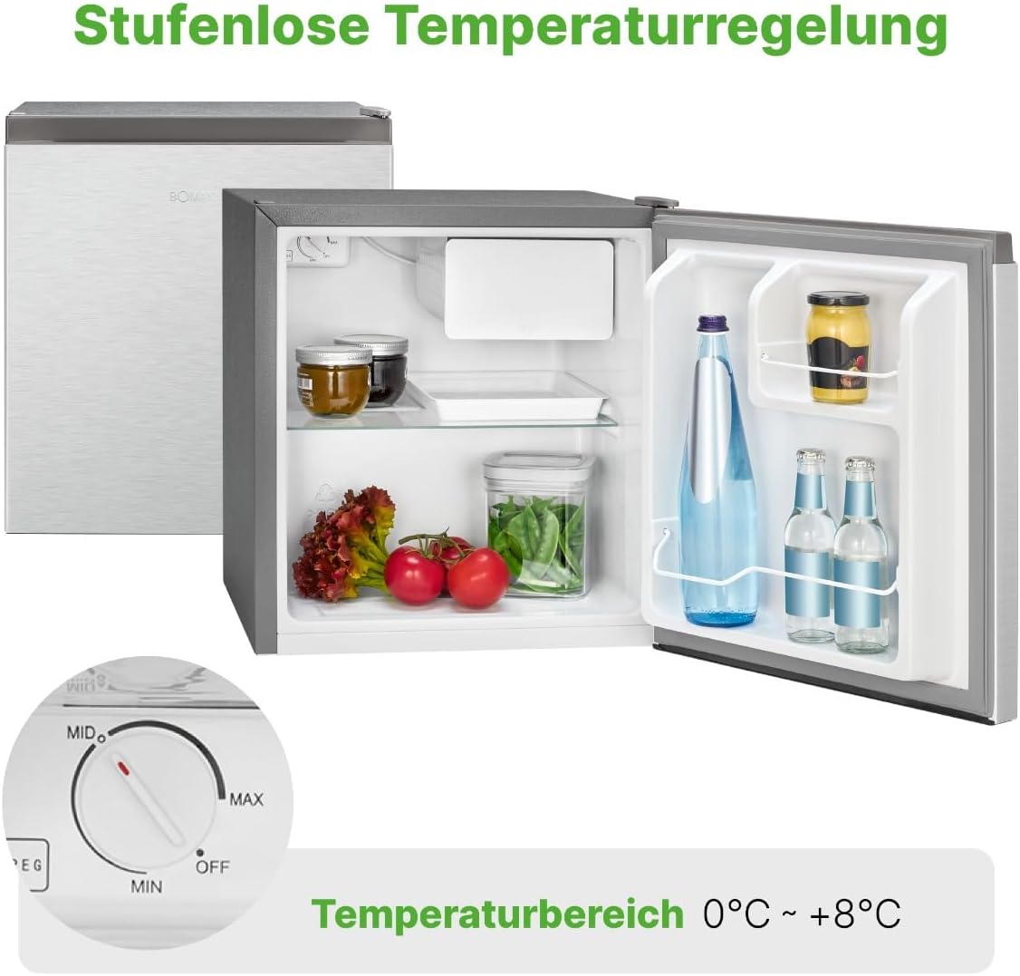 Mininevera Bomann de 45L con compartimento congelador, nevera pequeña y silenciosa para cocina, oficina, camping y gaming, frigorífico pequeño con puerta reversible - Mininevera, enfriador de bebidas, minibar KB 7245 inox