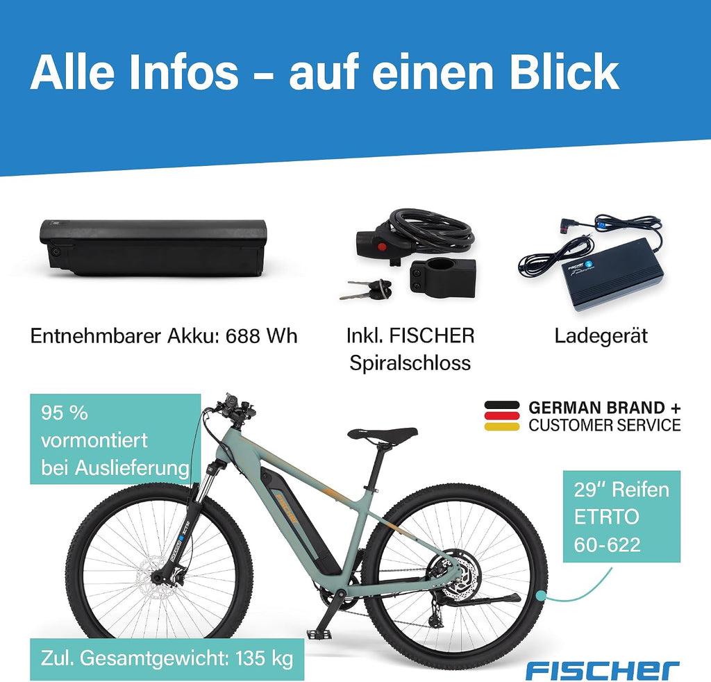 Bicicleta eléctrica de montaña Fischer E-Bike MTB Montis 2.2 Active para hombre y mujer, talla de cuadro 49, motor trasero 50 Nm, batería de 48 V